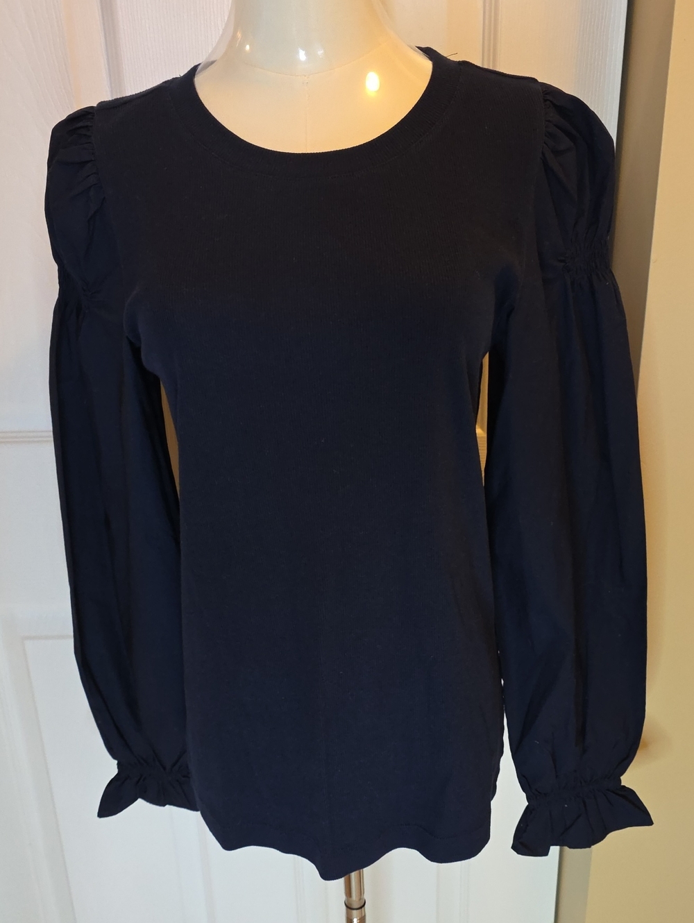NWT LOFT Navy Long Sleeve Puff-Sleeve Crewneck Top